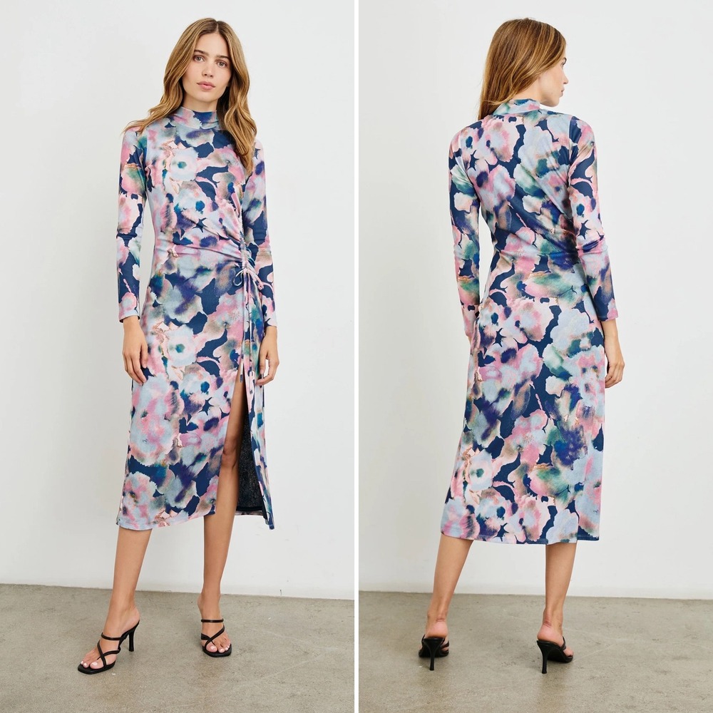 Rails Mona Dress Sz XS Midnight Verbena Bodycon‎ Ruched Side Slit Midi Sexy Chic